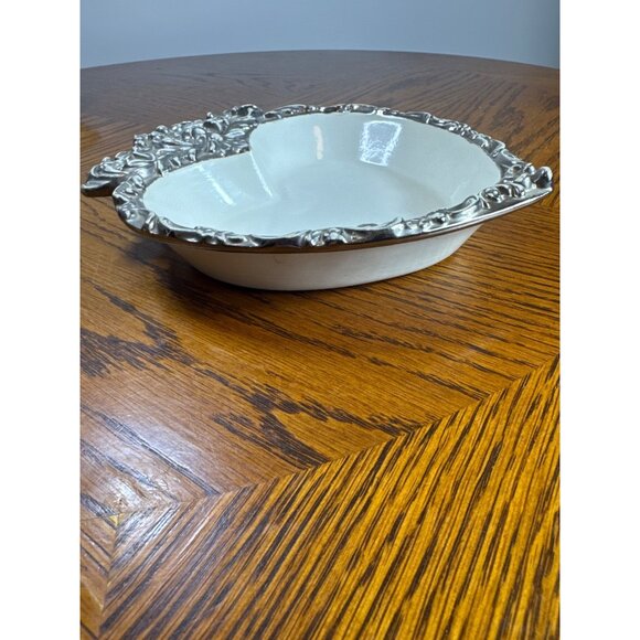 Hollywood Regency Style Heart Shaped Ceramic Trinket Dish Silver Trim - Picture 4 of 5